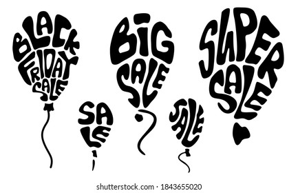 Black friday sticker set on white isolated backdrop. Balloon shape for invitation or gift card, notebook, online shop, promo flyer. Phone case or cloth print. Doodle style stock vector illustration