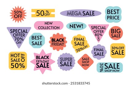 Black Friday sticker set. Special offer tags. Seasonal discount. Flash sale coupon. Special offer, sale. Promotion badges. Price discount deal. Flat vector illustration on white isolated background.
