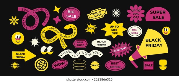 Black friday stickers and patches, sale prices tags and labels. Aesthetic brutalism y2k shapes and figures.