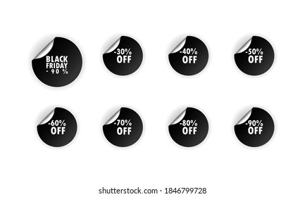 Black friday stiker. Sale sticker. Round stikers discount label on transparent backdrop up to 20, 40, 50, 60, 70, 80, 90 percent. Black friday. Vector flat cartoon illustration for web sites