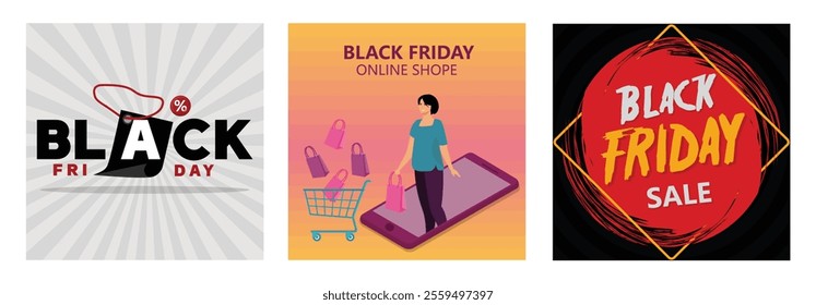 Black Friday Store Sale Promotion. Smart phone and Bags. Sale banner with discount, for poster. Set flat vector modern illustration 