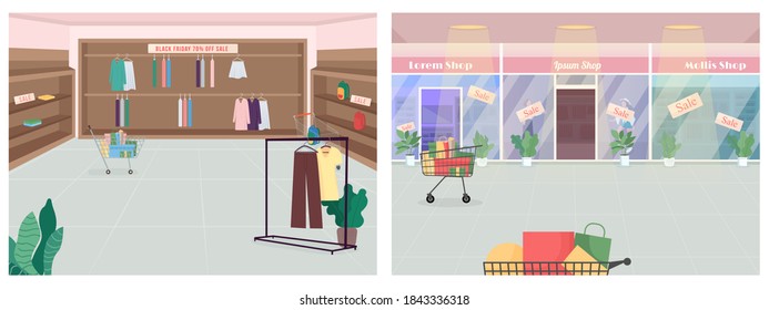 Black friday in stores flat color vector illustration set. Shopping spree. Seasonal sale. Clothes boutique. Consumerism and commerce. Shop 2D cartoon interior with empty mall on background collection