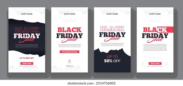 Black friday stories template design, Discount flyers design in minimal style, Sale web banners with geometric shapes, Social edia instagram story vector illustrator.