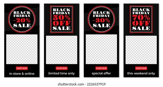 Black Friday story post set. Sale banner template. Social media ad frame design with 20, 30, 50, 70 percent price off. Business discount background. Vector illustration.