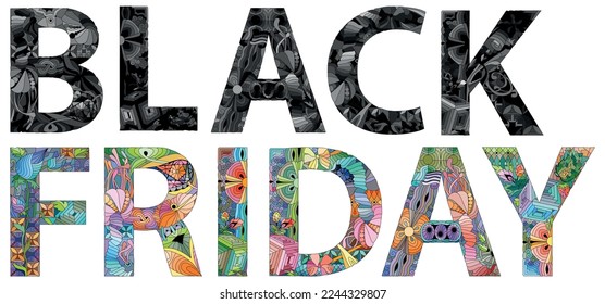 VIERNES NEGROS en el estilo del dibujo abstracto a mano. Letras con ornamento