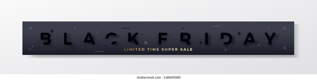 Black Friday Stylish Premium Banner or Header. Modern Reduced Typography Concept. Black on Black with Abstract Decorative Elements, Realistic Shadow and Golden Glitter. Web ready proportions. Isolated