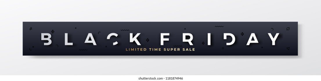 Black Friday Stylish Premium Banner or Header. Modern Reduced Typography Concept with Abstract Decorative Elements, Realistic Shadow and Golden Glitter. Web ready proportions. Isolated.