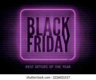 Black friday stylish seasonal clearance advert. Price reduction minimal sticker design. Purple neon light box with annual discount offer promo. Year biggest sale vector banner template.