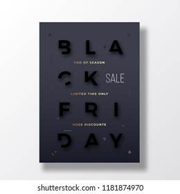 Black Friday Stylish Typography Banner, Poster or Flayer Template. Creative Black on Black Reduced Letters Concept. Abstract Decorative Elements and Soft Realistic Shadow. Isolated.
