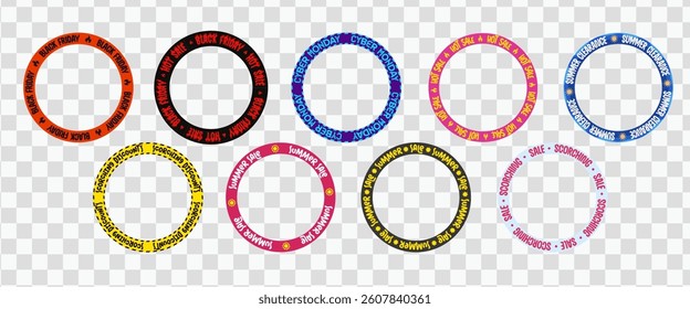 Black Friday, Summer Sale, and Cyber Monday Circular Labels for Promotions and Discounts on Transparent Background. Perfect for E-Commerce and Marketing Design. Vector Illustration