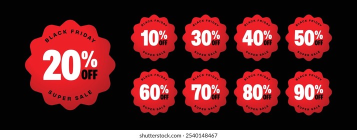 Black Friday Super Sale With 10, 20, 30, 40, 50, 60, 70, 80, 90 percent off. icon or label set discount badges. Promotion, price tag design element