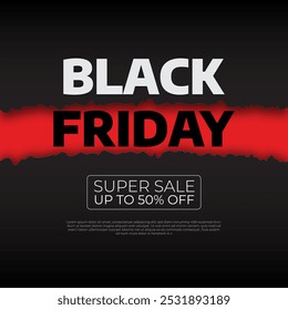 Black Friday Super venda Banner de fundo no papel de primeiro plano preto rasgado 