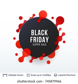 Black Friday Super Sale badge. Round shape and text. Vector template for big discounts and special offers.