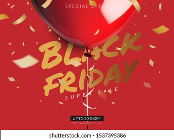 Black friday super sale, Balloons with ribbon and confetti on red background. Vector illustration.