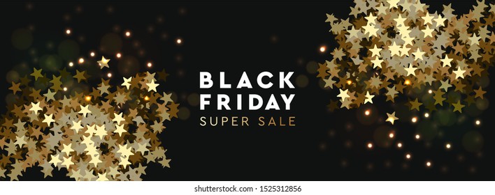 Black Friday Super Sale. Banner, poster, logo golden color on black background. Design with golden confetti and sparkle, vector illustration