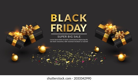 Black Friday Super Sale banner. Realistic black gift boxes. with glitter gold confetti