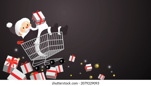 Black Friday super sale banner vector. Santa with black costume with wrapped gift boxes in a shopping trolley. Black Christmas sales, Christmas discounts background. November and December shopping.