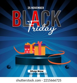 Black Friday Super Sale banner. Realistic 3d design stage podium. Open black gift box full of decorative, Golden text lettering, black Friday poster background, Xmas background, discount label design.