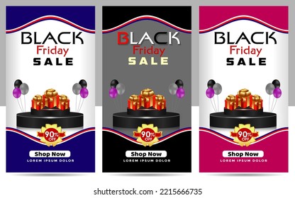 Black Friday Super Sale banner. Realistic 3d design stage podium. Open black gift box full of decorative, Golden text lettering, black Friday poster background, Xmas background, discount label design.
