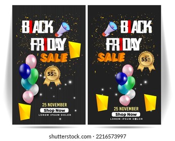 Black Friday Super Sale banner. Realistic 3d design stage podium. black Friday poster background, Open black gift box full of decorative, Golden text lettering, black discount label design.