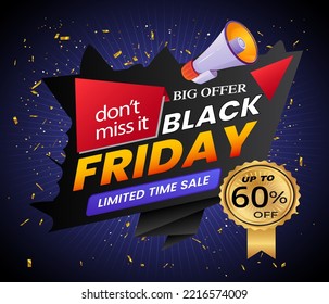 Black Friday Super Sale banner. Realistic 3d design stage podium. black Friday poster background, Open black gift box full of decorative, Golden text lettering, black discount label design.