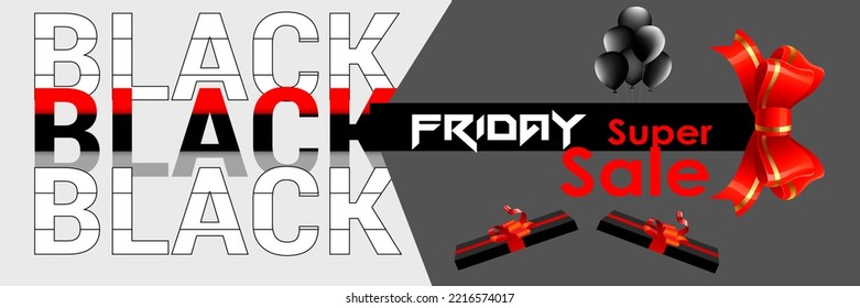 Black Friday Super Sale banner. Realistic 3d design stage podium. black Friday poster background, Open black gift box full of decorative, Golden text lettering, black discount label design.