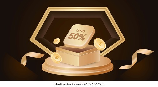 Black friday super sale banner template with gold ribbon, voucher or coupon, gift box, ribbon, podium. 3d product showcase isolated on background. 3d Vector illustration