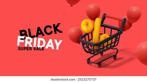 Black Friday Super Sale banner com realista 3d design carrinho de compras, símbolo de porcentagem amarelo, balões vermelhos no fundo vermelho. Ilustração vetorial