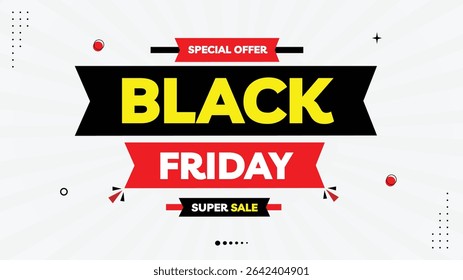 Banner de venda super Black Friday - Faça o pedido agora! Oferta Especial com Formas de Elemento, Modelo - Preto, Amarelo, Vermelho, Gradiente Roxo no Fundo Branco