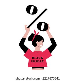 Black Friday Super Sale. Big sale promotion discount. Stylish lady with Price Tags on Shopping near the store. Big Discount. Promo Concept.