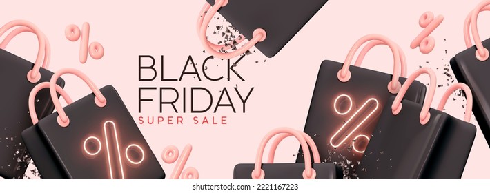 Black Friday Super Sale. Bright promo banner, Advertising web poster, realistic 3d design elements. Shopping bag, neon percent symbols. Pink background pattern black shop bag. vector illustration