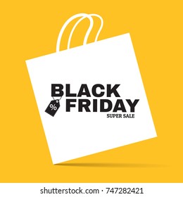 Cartel de anuncio creativo de super venta del viernes negro. Cartel blanco de la bolsa plana de la compra sobre fondo amarillo. Concepto con diseño minimalista. Aplicable para volante, afiche promocional. Pasos vectoriales 10