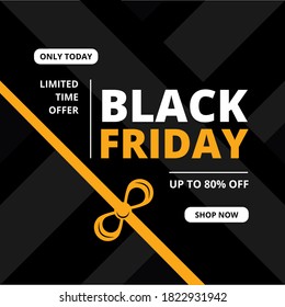 Black Friday Super Sale with discount for social media. Banner template for Digital Marketing, mobile apps and digital. Black background with text and orange ribbon