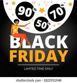 Black Friday Super Sale with discount for social media. Square banner template for Digital Marketing, mobile apps and digital. Bright gift boxes on a black background and text online sale.
