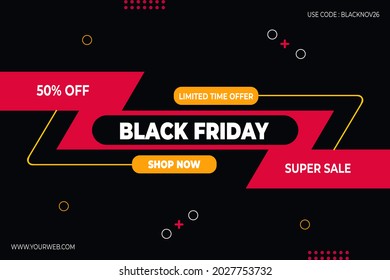 Black Friday Super Sale. Discount event banner. Black Background with geometric shapes in abstract style. Vector illustration with creative shapes. can be used on Marketing material, Advertising sign.