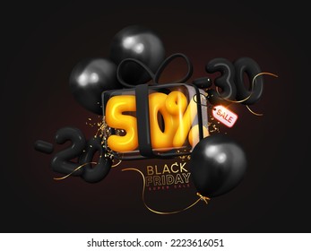 Descuento de Super Sale del Viernes Negro de hasta 20, 30, 50%. Globos de helio de diseño 3d realistas, caja de regalo de vidrio transparente. Banner publicitario promocional, afiche, volante y folleto. Ilustración del vector