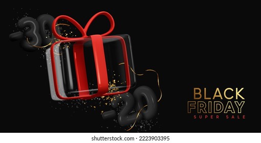 Black Friday Super Sale discount up to 20, 30% percent. Realistic 3d design transparent empty glass gift box with red ribbon. Advertising promo banner, poster, flyer and brochure. vector illustration