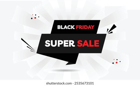 Black Friday Super Sale editable banner template design with light white and dark black gradient, red shapes on white background – perfect for high-impact sales promotions