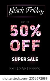 Black Friday super sale flyer or poster templates. Luxury dark background with pink and white text lettering with confetti, glitter and lights. Black Friday advertising, special offer.