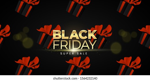 Black Friday Super Sale. with gift box with red bow. Dark background golden text lettering. banner, poster, header website. vector illustration