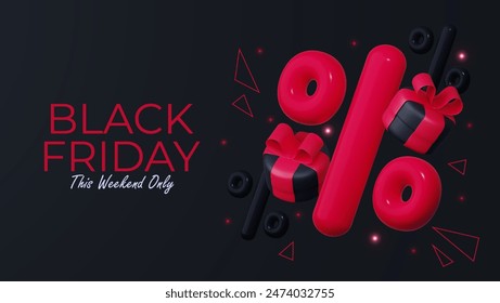 Black Friday Super Sale. Black gift box with red ribbon and big discount balloons. Dark background with red text letters. Horizontal banner, poster or website header. Vector illustration.