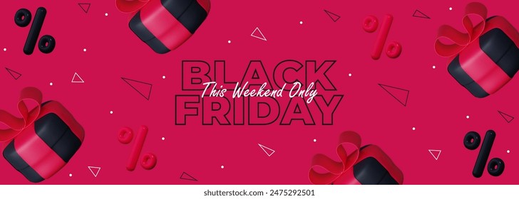 Black Friday Super Sale. Black gift box with red ribbon and discount balloons. Pink background with black text letters. Horizontal banner, poster or website header. Vector illustration.