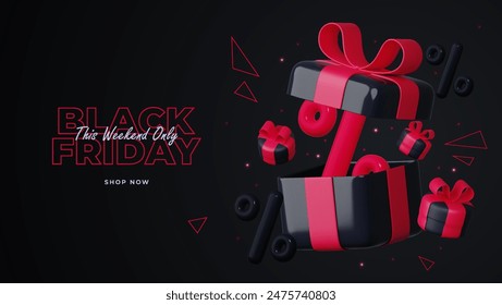 Súper rebajas de Black Friday. Caja de regalo negra con cinta roja y globos de descuento. Fondo oscuro con letras de texto rojas. Anuncio Horizontal, cartel o cabecera de Sitio web. Ilustración vectorial.