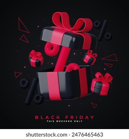 Súper rebajas de Black Friday. Caja de regalo negra con cinta roja y globos de descuento. Fondo oscuro con letras de texto rojas. Anuncio Horizontal, cartel o cabecera de Sitio web. Ilustración vectorial.