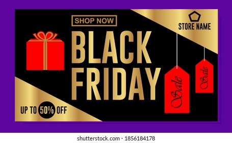black friday super sale. gold shiny background poster banner also black and red color complete with gift box with gold ribbon for worldwide sales.