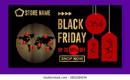black friday super sale. gold shiny background poster banner also black and red color complete with gift box with gold ribbon for worldwide sales.