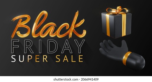 Black Friday Super Sale. hand and Realistic black gift boxes with golden bow. Dark background gold lettering text. vector illustration.