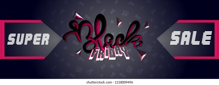Black Friday super sale header or banner design with 3d abstract elements on black background decorated with shopping elements.