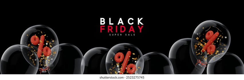 Black Friday Super sale Horizontal banner, web header. Realistic 3d design transparent balloons with red percent symbols and gold confetti floating under text on dark background. Vector illustration