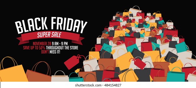 Black Friday super sale huge pile of shopping bags design template. EPS 10 Vector.